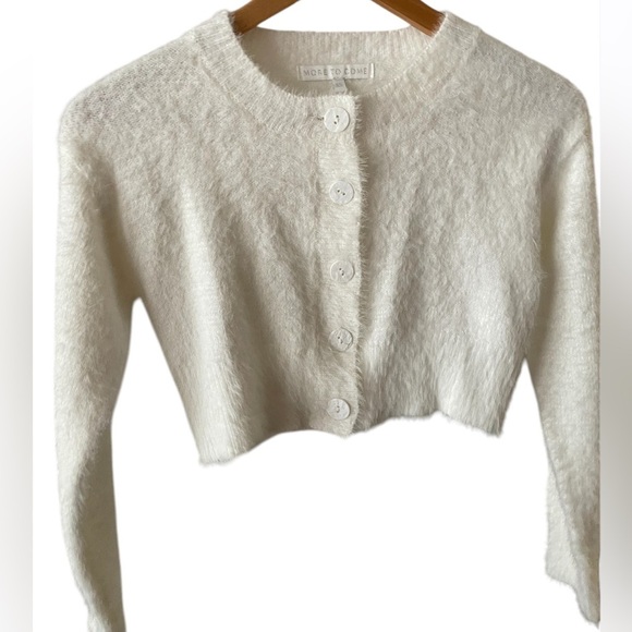 More To Come Valentina Cropped Cardigan Ivory Knit Fuzzy Button Up Size XS - Picture 2 of 8